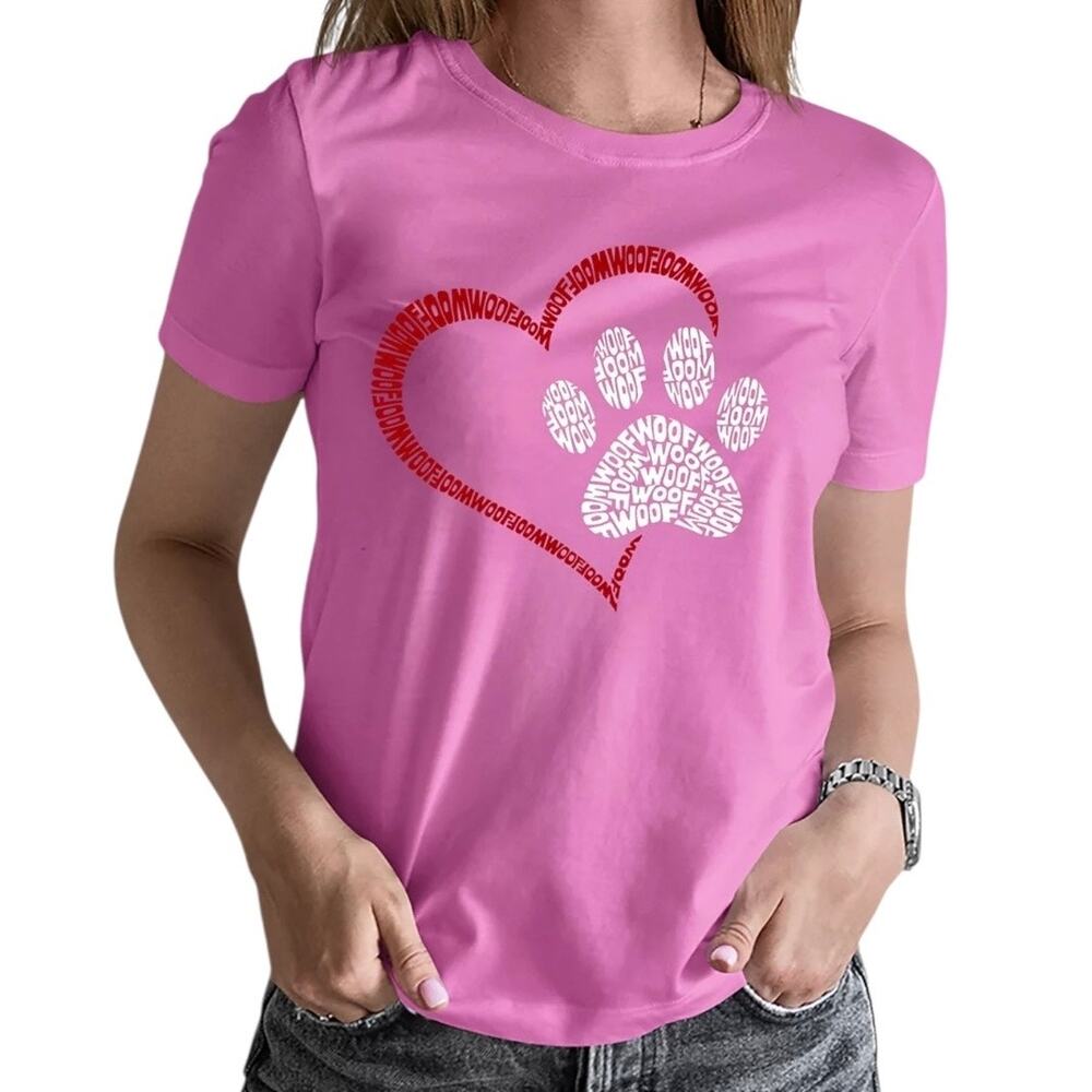 La Pop Art Women’s Word Art Paw Heart T Shirt Pink Size L